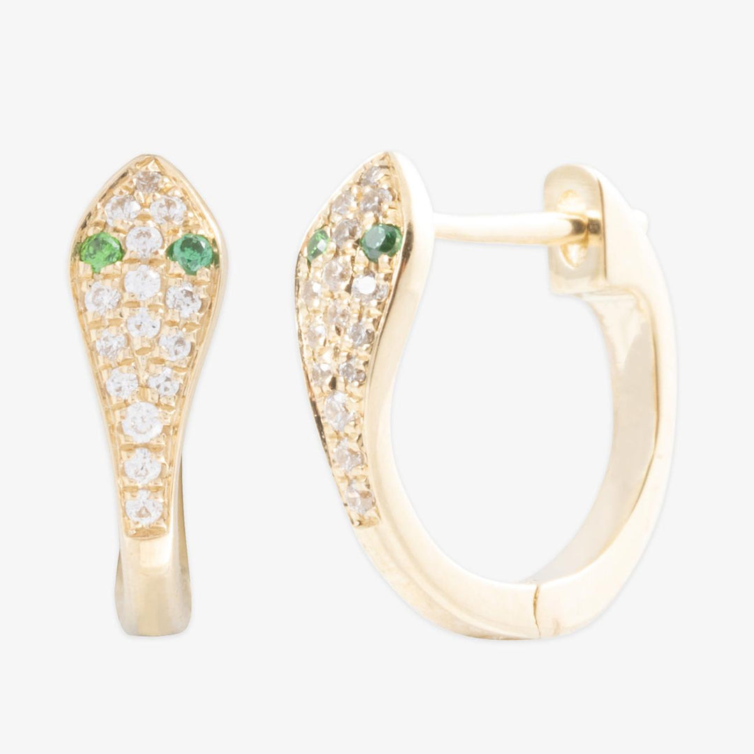 18K zlaté náušnice s diamantovým hadom | 0.1ct SI H-I diamantov a 0.04ct smaragdy
